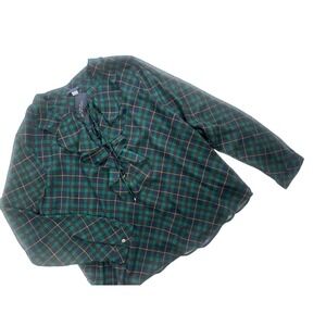 NWT Tommy Hilfiger Women's XL Green Plaid Ruffle Tie Neck Blouse Wrinkle Free‎